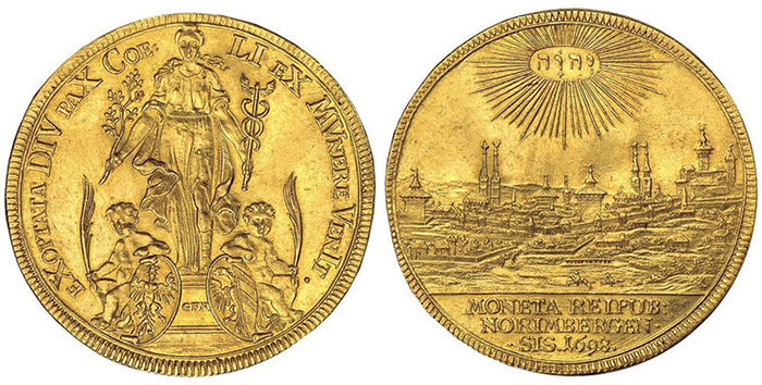 GERMAN STATES. Nürnberg. 1698 GFN AV 4 Ducat. NGC AU55.