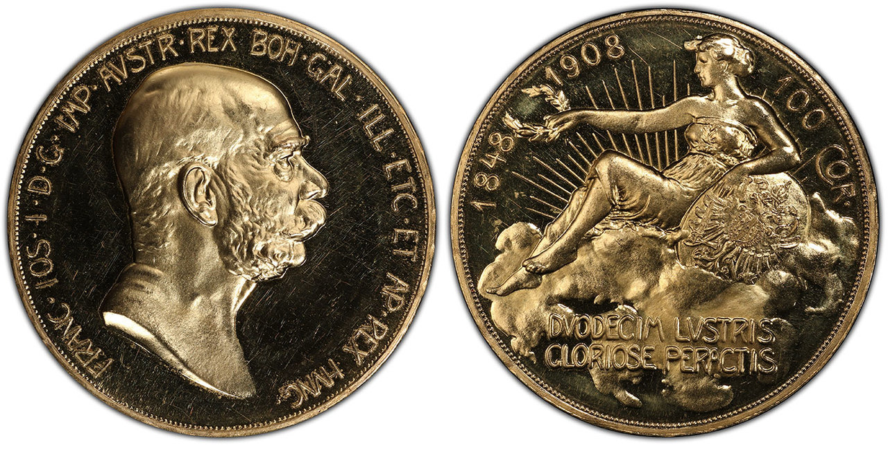 AUSTRIA. Franz Joseph I. (Emperor, 1848-1916). 1908 AV 100 Corona. Image courtesy Atlas Numismatics