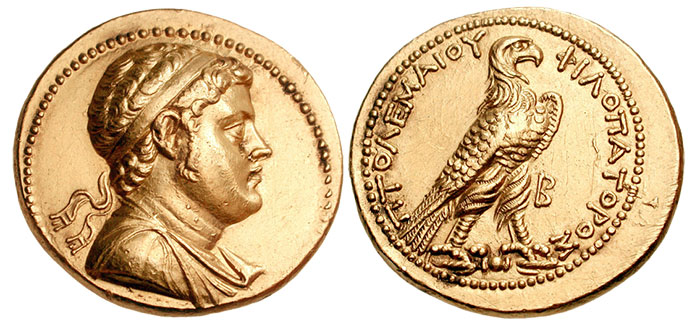 Ptolemy IV Philopator. 225-205 BC. AV Oktadrachm (27.76 g, 12h). Alexandreia(?) mint. Commemorative issue struck under Ptolemy V, 204/3 BC. Diademed and draped bust right / ΠTOΛEMAIOY ΦIΛOΠATOPOΣ, eagle standing right on thunderbolt; B to right. Svoronos 1139 var. (monogram not B); EHC 321 var. (same); SNG Copenhagen -; BMC 33-4 var. (same)