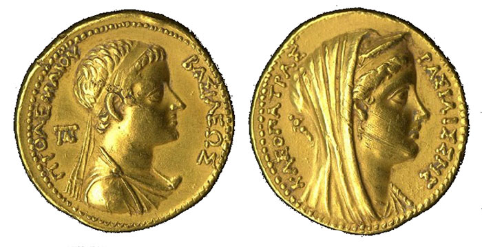 British Museum number 1978,1021.1 Octodrachm. Gold.(obverse) Bust of the young Ptolemy VI . (reverse) Bust of Cleopatra I wearing a 'stephane' (diadem) and veil. 180-176 BCE (circa) Weight: 27.84 grammes Die-axis: 12 o'clock Diameter: 28 millimetres