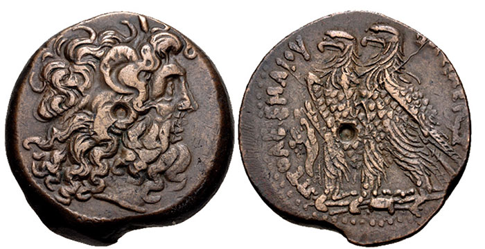 Ptolemy VIII Euergetes II (Physcon). 145-116 BC. Æ (32mm, 27.37 g, 12h). Alexandreia mint. Series 7. Diademed head of Zeus-Ammon right / Two eagles with their wings closed standing left on thunderbolt; cornucopia to left. Svoronos 1424B (Joint reign of Ptolemy VI and VIII)