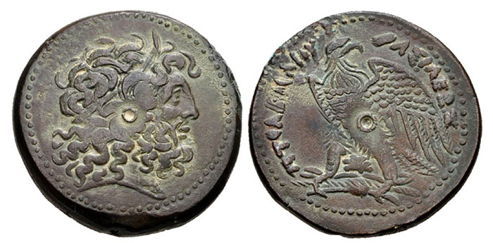 Ptolemy IV Philopator. 222-205/4 BC. Æ Tetrobol (38mm, 42.76 g, 11h). Alexandreia mint. Diademed head of Zeus-Ammon right / Eagle standing left, head right, on thunderbolt; ΣE between legs. Svoronos 1148; SNG Copenhagen 207. 