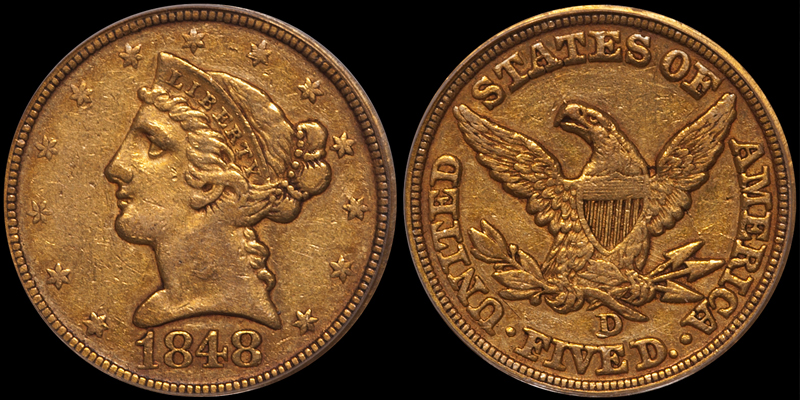1848-D $5.00 PCGS EF40, CAC GOLD STICKER. Images courtesy Doug Winter