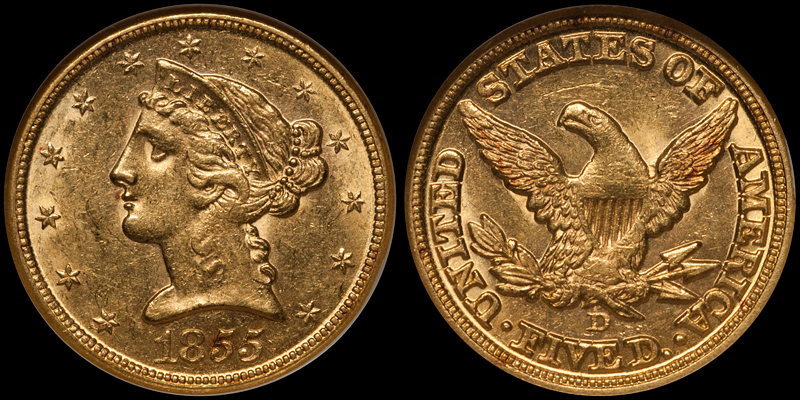 1855-D $5.00 NGC MS61. Images courtesy Doug Winter