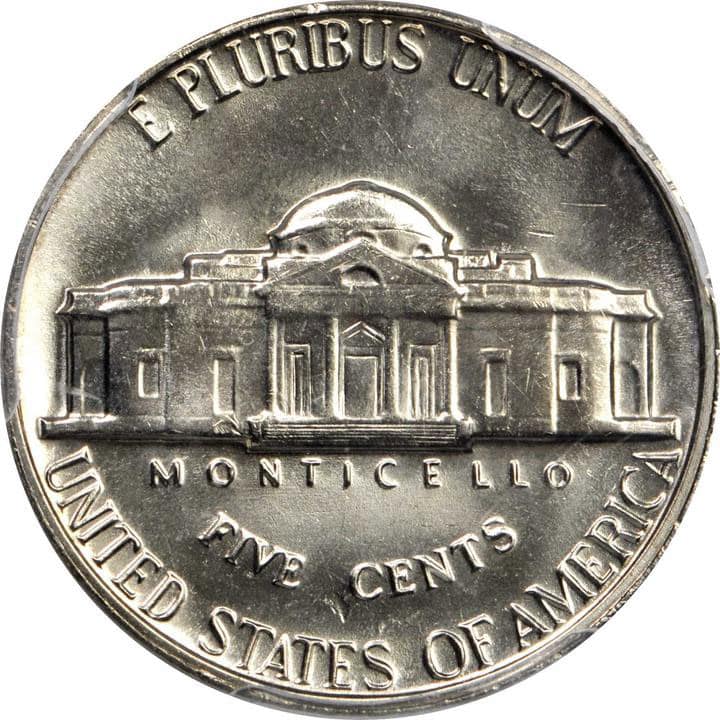 Reverse of a 1969-D Jefferson nickel with Full Steps.