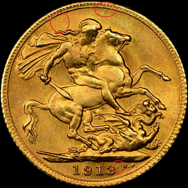 Pistrucci reverse, counterfeit 1913 Great Britain gold sovereign. Image courtesy NGC
