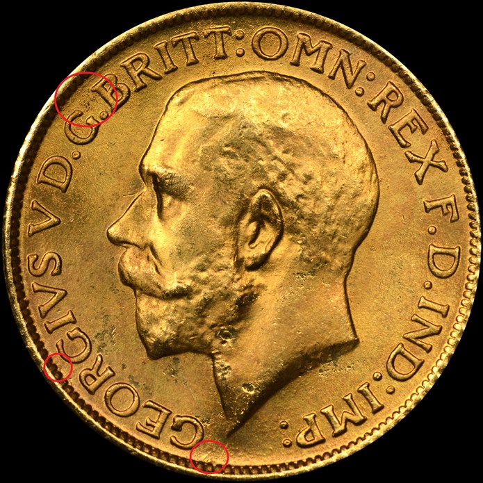 Obverse, counterfeit 1913 Great Britain gold sovereign. Image courtesy NGC