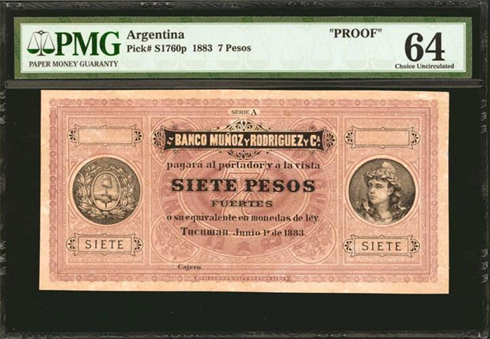 Banco Munoz y Rodriguez 1883 7 Pesos Proof