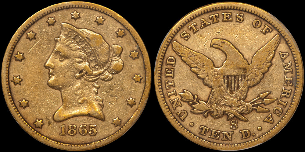 1865-S NORMAL DATE $10.00 PCGS VF25. Images courtesy Doug Winter