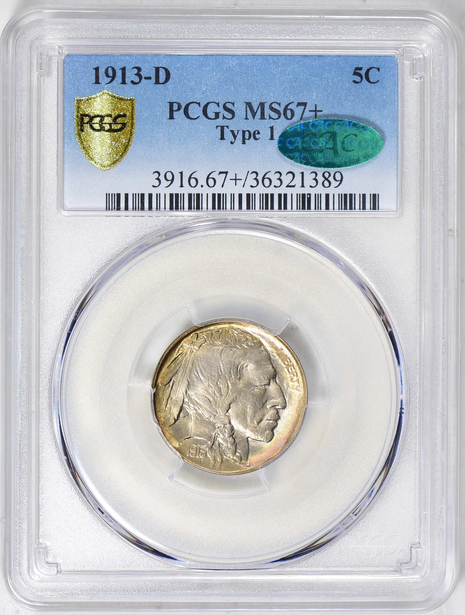 1913-D Buffalo Nickel Type 1 PCGS MS-67+ CAC. Image courtesy GreatCollections.com