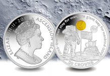 Ascension Island 2019 First Man on the Moon 50th Anniversary of the Apollo 11 Lunar Landing 50 oz silver and 1/10 oz gold commemorative coin. Images courtesy Pobjoy Mint