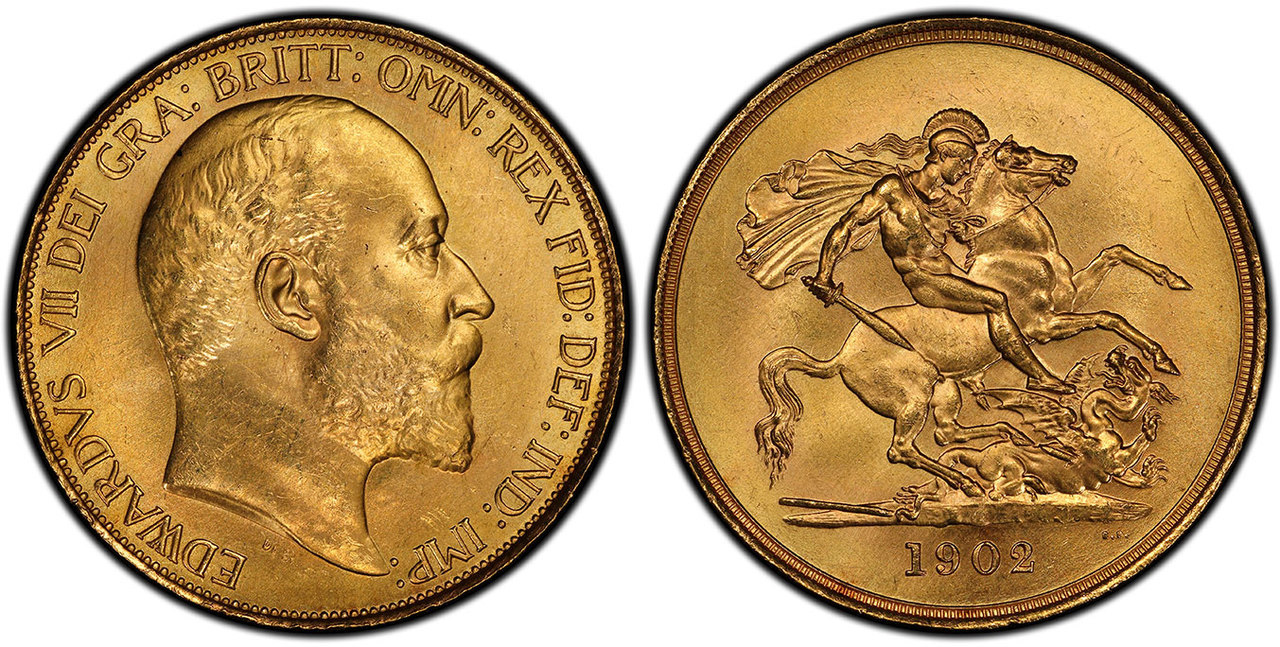 GREAT BRITAIN. Edward VII. (King, 1901-1910). 1902 AV Five Pounds. Images courtesy Atlas Numismatics