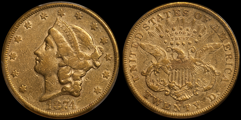 1874-CC $20.00 PCGS EF40. Images courtesy Doug Winter Numismatics