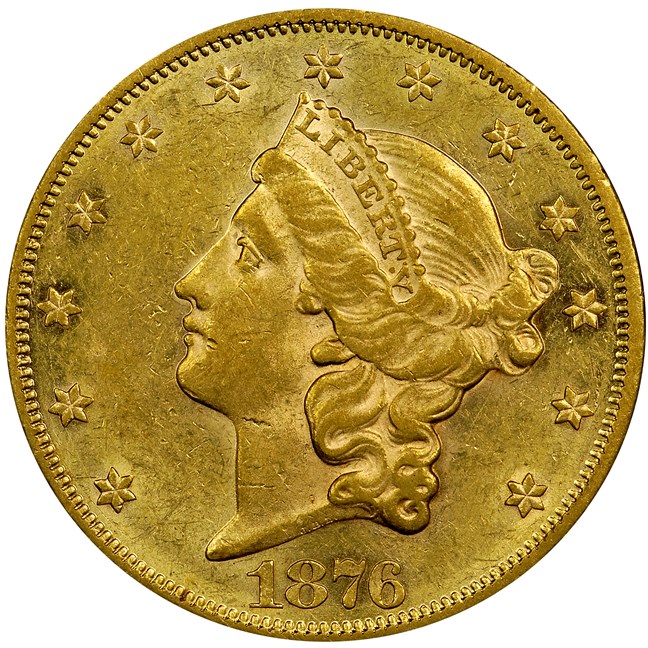 Obverse, genuine 1876 $20 gold double eagle. Photo courtesy NGC