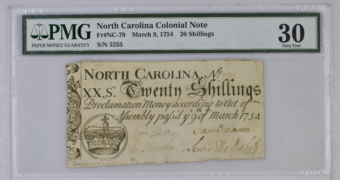 1754 North Carolina Colonial Note, 20 Shillings. Image courtesy Paper Money Guaranty (PMG)