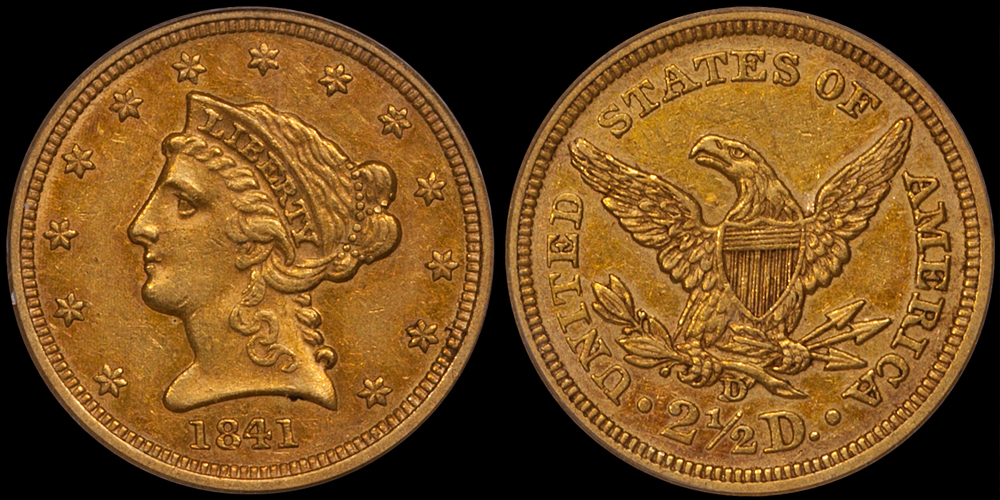 1841-D $2.50 PCGS AU50, CAC GOLD STICKER. Images courtesy Doug Winter Numismatics