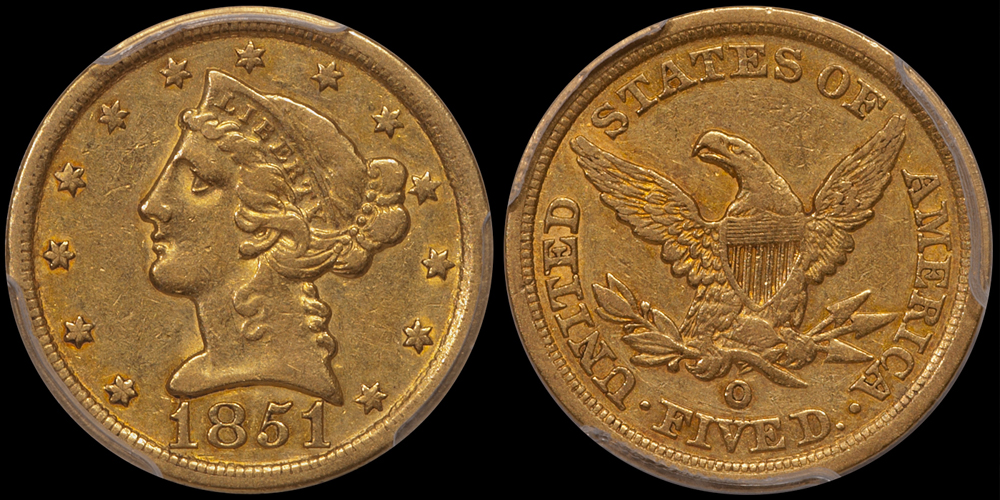 1851-O $5.00 PCGS EF45 CAC. Images courtesy Doug Winter Numismatics