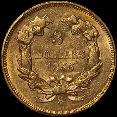 1855-S Three Dollars PCGS/CAC MS61. Image courtesy Doug Winter