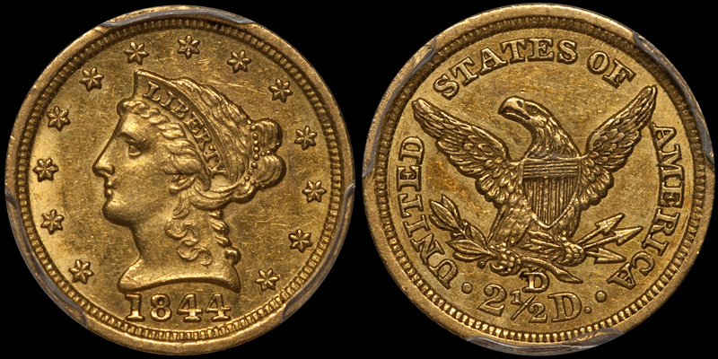 1844-D $2.50 PCGS AU58 CAC. Images courtesy Doug Winter Numismatics