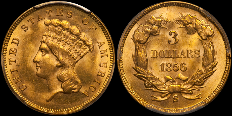 1856-S $3.00 PCGS MS64. Images courtesy Doug Winter Numismatics