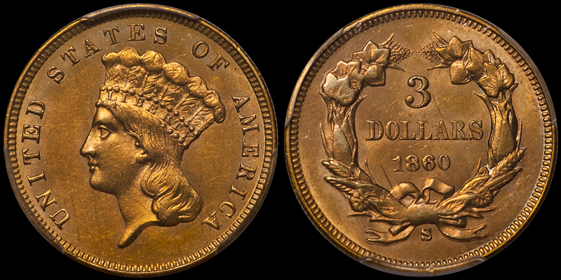 1860-S $3.00 PCGS MS62. Images courtesy Doug Winter Numismatics