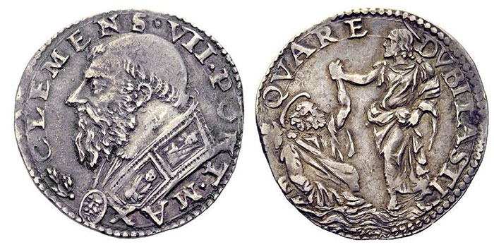 Clement VII (Giulio de 'Medici), 1523-1534. Double carlino. Ar gr. 5.20 CLEMENS VII PONT MAX Bust in s, with cope decorated with figures of saints. Rv) QVARE DVBITASTI The Savior, nimbate, raises St. Peter, half-immersed in the waves. CNI 58; M. 43; B. 841. Very Rare. The dies of this coin were engraved by Benvenuto Cellini.