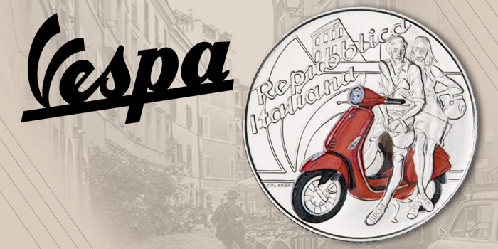The Vespa Scooter is honored on a new Italian 5 Euro Silver Commemorative Coin.