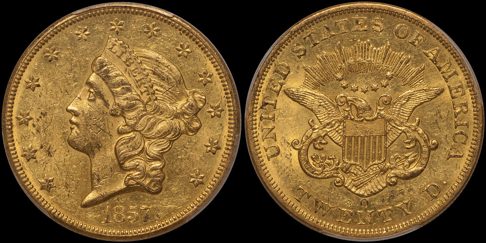 1857-O $20.00 PCGS MS60, EX FAIRMONT. Images Doug Winter Numismatics