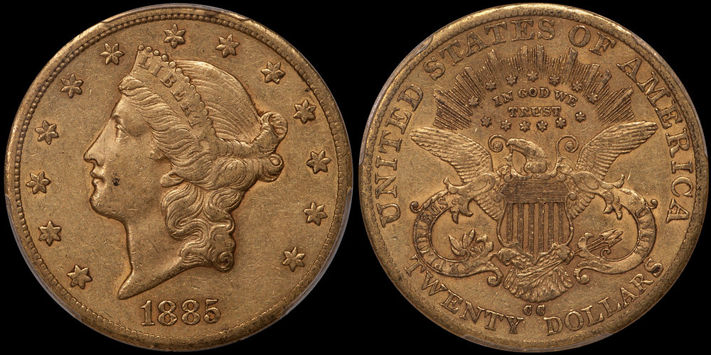 1885-CC $20.00 PCGS EF45 CAC, EX FAIRMONT. Images Doug Winter Numismatics
