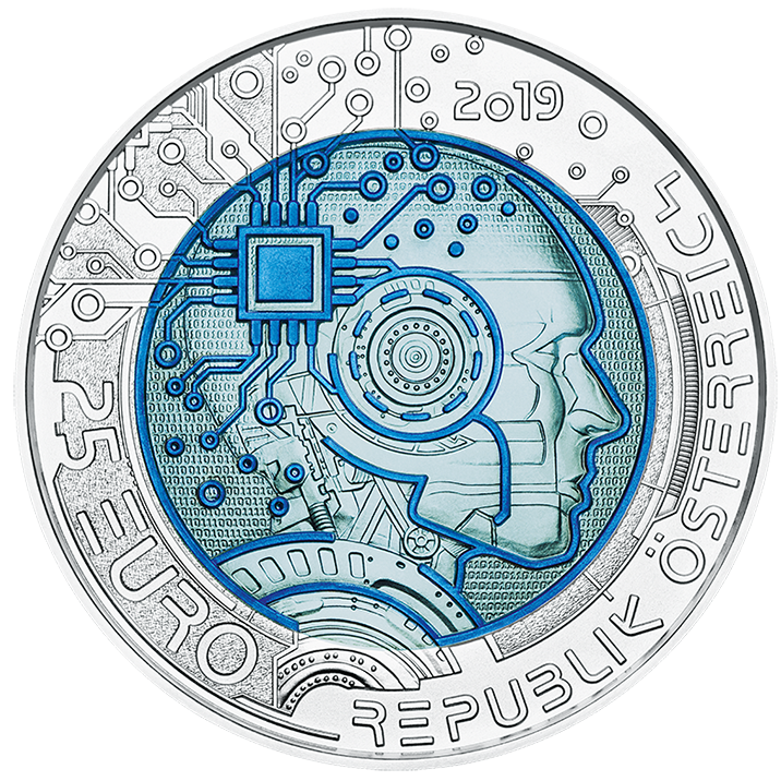 Obverse, Austria 2019 Artificial Intelligence 25 Euro Silver Niobium Bimetallic Coin. Image courtesy Austrian Mint