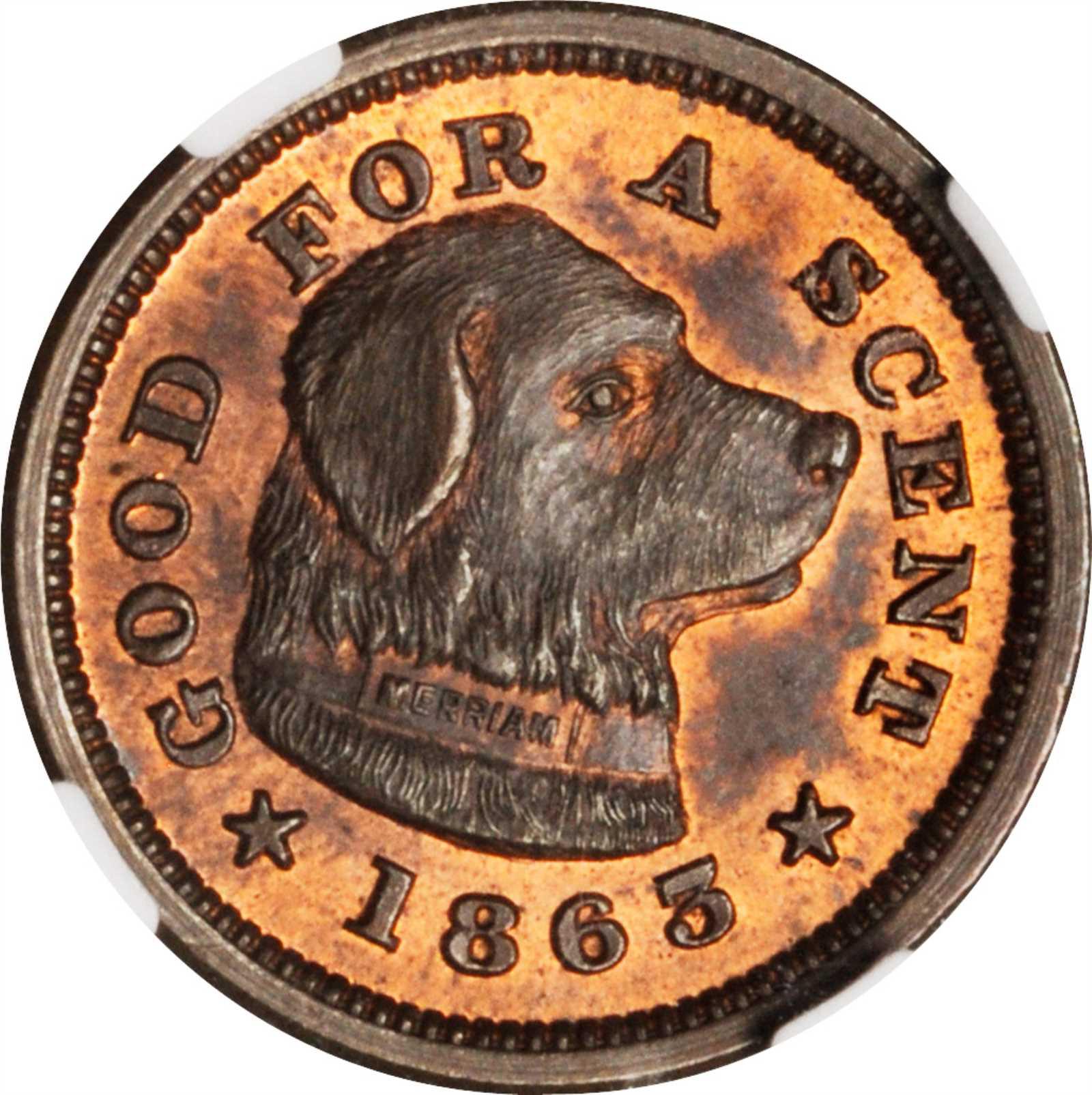 Massachusetts-Boston. 1863 Joseph H. Merriam. Fuld-115E-1a. Rarity-4. Copper. 19 mm. MS-64 RB (NGC). Image courtesy Stack's Bowers Auctions