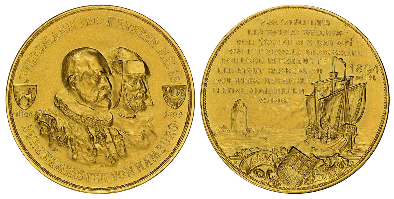 GERMAN STATES. Hamburg. 1894 AV Medallic 100 Mark, Portugalöser. Images courtesy Atlas Numismatics