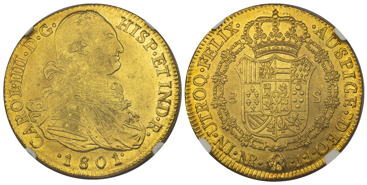 COLOMBIA. Charles IV. (King, 1788-1808). 1801-NR JJ AV 8 Escudos. Images courtesy Atlas Numismatics