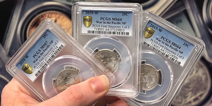 The three winning PCGS First Discovery 2019-W Guam quarters. Photo courtesy of Professional Coin Grading Service www.PCGS.com.