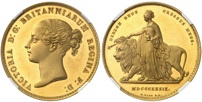 No. 3038: Great Britain. Victoria, 1837-1901. 5 Pounds 1839, London. “Una and the Lion”. Very rare. Proof. NGC PF 62 ULTRA CAMEO. Estimate: €150,000. Hammer price: €190,000