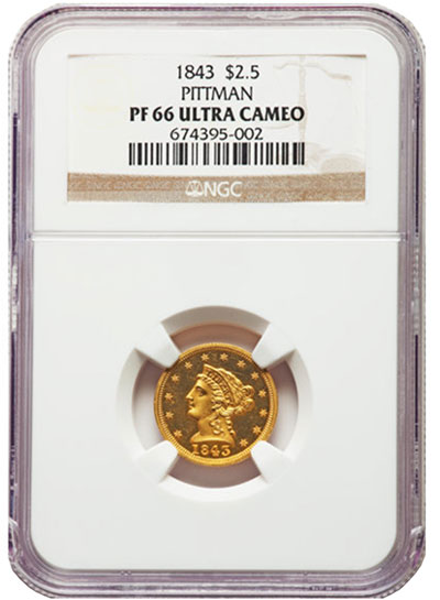 1843 $2.50 Indian Gold Coin NGC PF 66 Ultra Cameo