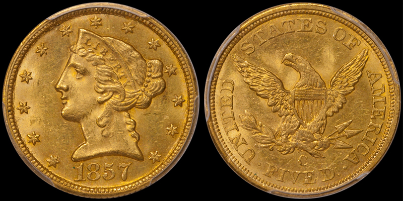 1857-C $5.00 PCGS MS63 CAC, FROM THE ARLINGTON COLLECTION. Images courtesy Doug Winter Numismatics