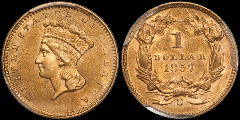 1857-S $1.00 PCGS AU58 CAC. Image courtesy Doug Winter Numismatics