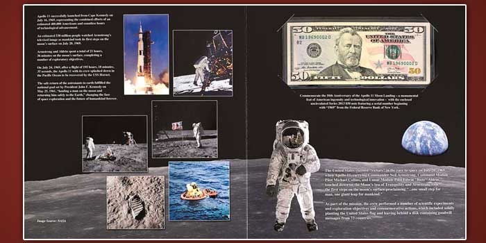 apollo currency bureau engraving printing commemorative 50th bep landing marks anniversary moon special