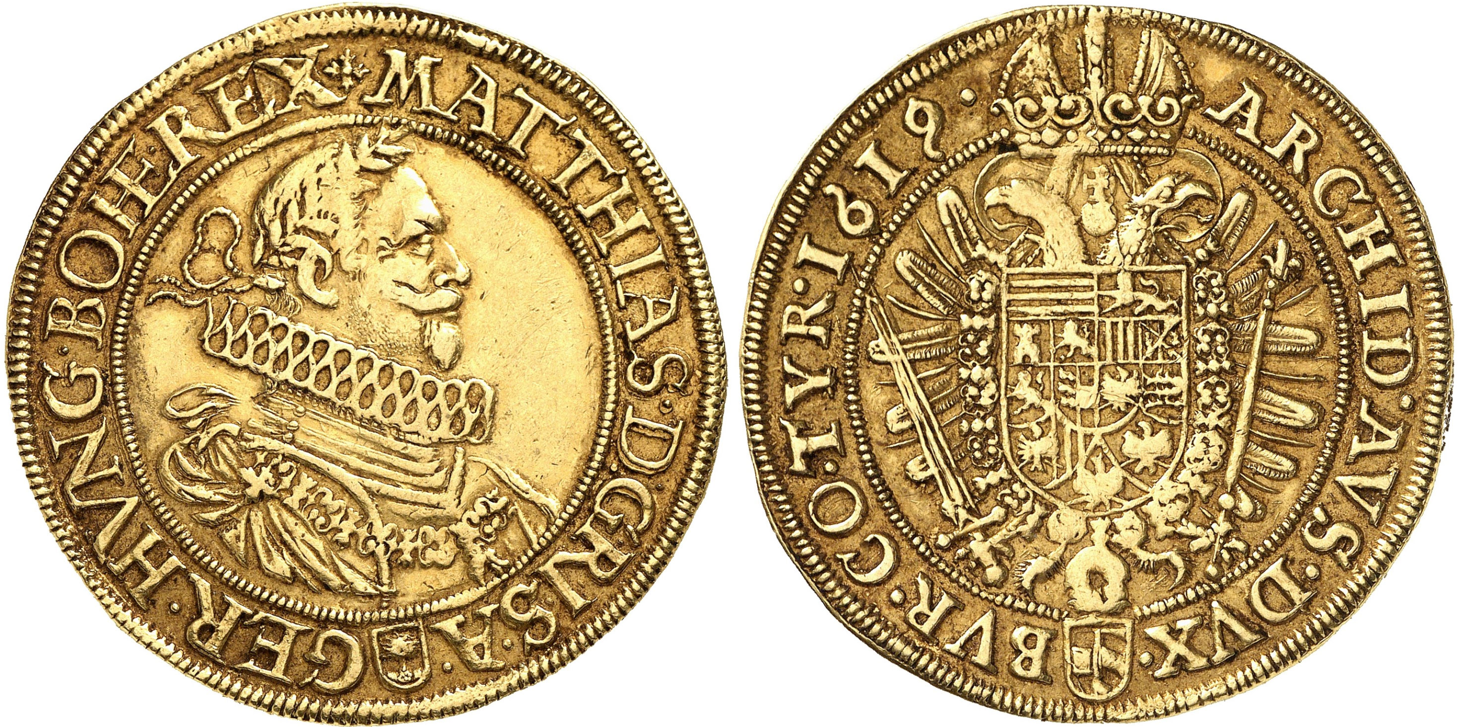 No. 3564: HRE. Matthias, 1608-1612-1619. 10 ducats 1619, Vienna. Very rare. Good very fine. Estimate: €25,000. Hammer price: €120,000