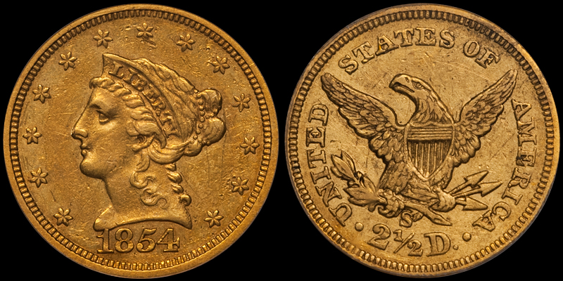 1854-S $2.50 PCGS VF35. Images courtesy Douglas Winter Numismatics (DWN)