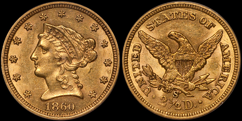 1860-S $2.50 PCGS AU58 CAC. Images courtesy Doug Winter