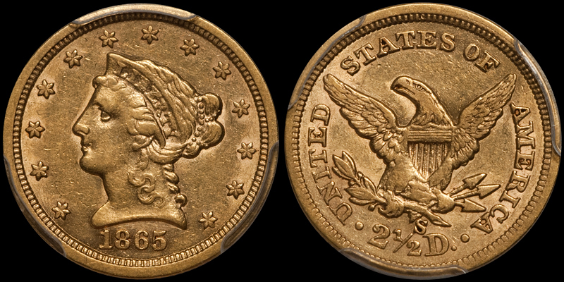 1865-S $2.50 PCGS AU50 CAC. Images courtesy Doug Winter