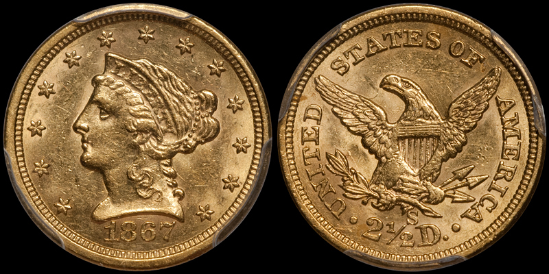 1867-S $2.50 PCGS MS61 CAC. Images courtesy Doug Winter