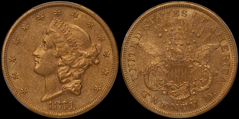 1871-CC $20.00 PCGS AU55. Image courtesy Doug Winter Numismatics Carson City Mint