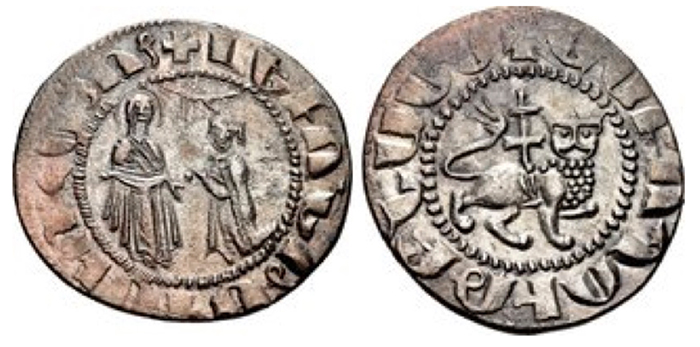 Cilician Armenia. Royal. Levon I. 1198-1219. AR Tram (21mm, 2.84 g, 3h). Coronation issue. The Virgin, nimbate and orans, standing facing, receiving Levon kneeling left, head facing; above, ray emanating from curve (sphere of heaven) toward his head; pellet between / Crowned lion advancing right, head facing; patriarchal cross above. Cf. AC 257 (for type); CCA 80: CNG 85, lot 88. VF, toned
