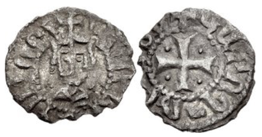 Cilician Armenia. Royal. Levon V. 1374-1393. BI Denier (14mm, 0.42 g, 9h). Crowned bust facing / Cross pattée, with pellet in each angle. AC 503 var. (rev. legend); CCA -. VF, toned, minor porosity. Rare. 