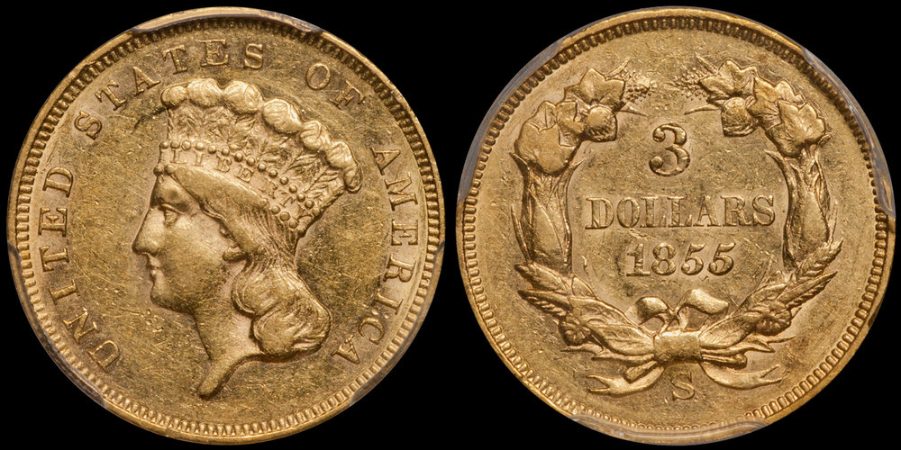 1855-S $3.00 PCGS AU58 CAC. Images courtesy Douglas Winter Numismatics