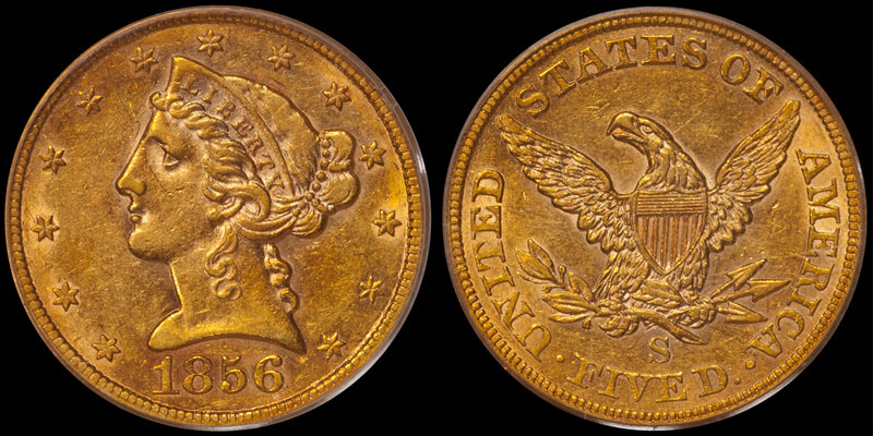 1856-S $5.00 PCGS AU53 CAC GOLD STICKER, EX SSCA. Images courtesy Doug Winter