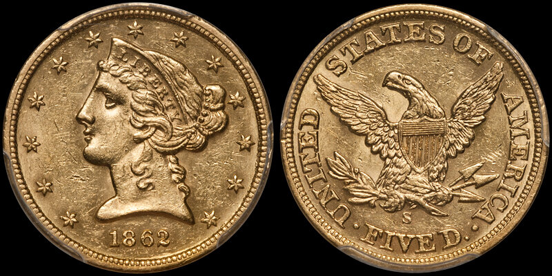 1862-S $5.00 PCGS MS61. Images courtesy Doug Winter